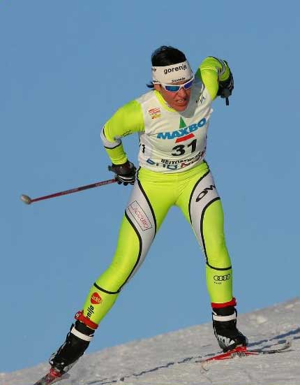 Barbara Jezeršek on the World Cup Red Cheetah FeatherLight cross country ski, aka World Cup FL