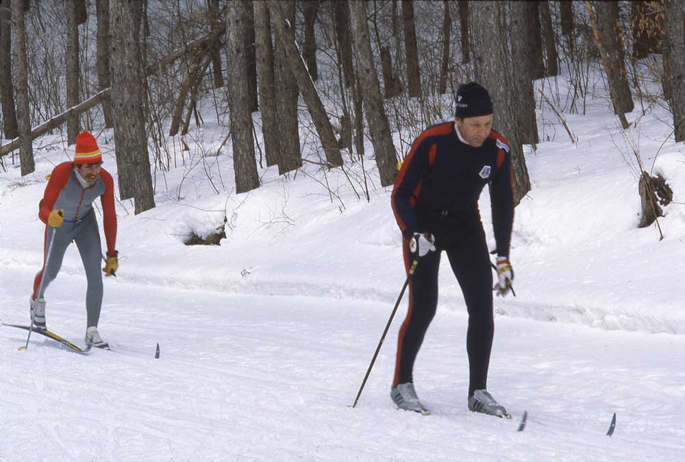 1982 day before Birkie, out skiing on the Birkie trail, Chris and Arne Borgnes.
