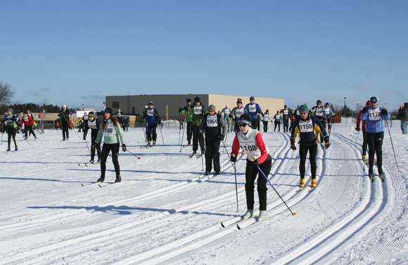 Start of the 20K White Pine Stampede cross country skiers
