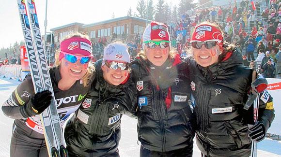 Record finish for the U.S. women's relay team including Jessie Diggins, Liz Stephen, Ida Sargent and Holly Brooks. (Kikkan Randall photo)
