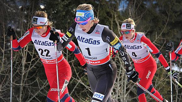 Kikkan Randall led the U.S. Ski Team finishing sixth in the women's 10k classic mass start in Canmore. (Robert Whitney)