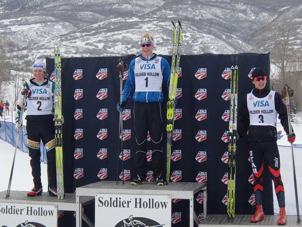 NMU's Kyle Bratrud (left) and Alaska's Logan Hanneman (center) stand on the podium after the 10K race