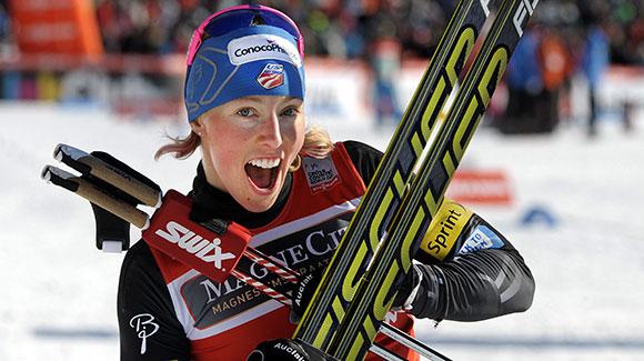 Kikkan Randall celebrates her win in Lahti and with it a second straight FIS Cross Country World Cup sprint title. (Getty Images/AFP-Markku Ulander)