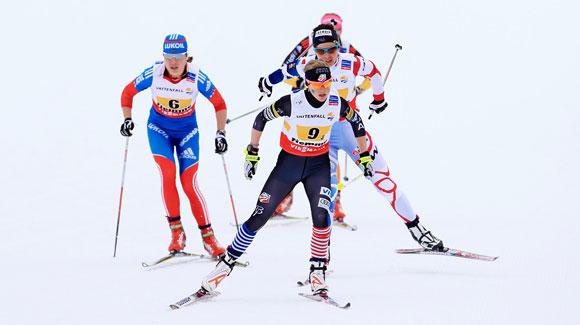  	 Liz Stephen skied a strong first skate leg to set the USA up for an historic best ever fourth place finish in the women's relay at the FIS Nordic World Ski Championships. (U.S. Ski Team - Sarah Brunson)