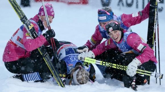 World Champion Jessie Diggins anchored a strong U.S. team made up of Kikkan Randall, Sadie Bjornsen and Liz Stephen to take third in the 4x5k relay and match the best-ever World Cup result for any U.S. cross country relay team. (Getty Images/AFP/Haakon Mosvold Larsen)