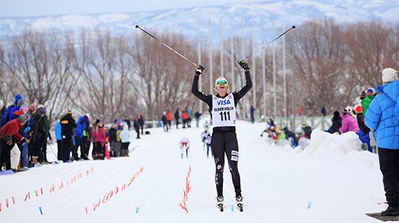 Sadie Bjornsen celebrates her win in the women's 20k classic at the U.S. Cross Country Championships at Soldier Hollow. (USSA-Sarah Brunson)