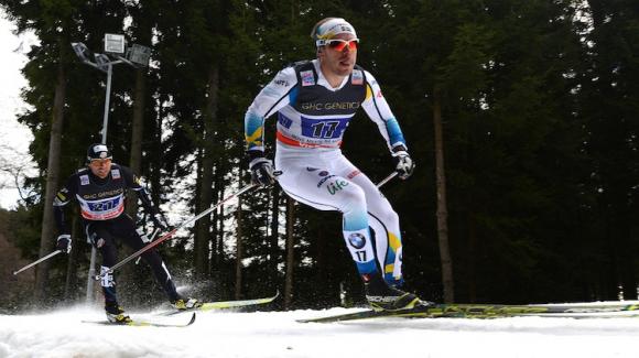 Andy Newell chases Emil Joensson of team Sweden 2. Newell and Simi Hamilton went on to finish fifth in the team sprints Sunday in Nove Mesto, Czech Republic. (Getty Images/AFP/Michal Cizek)