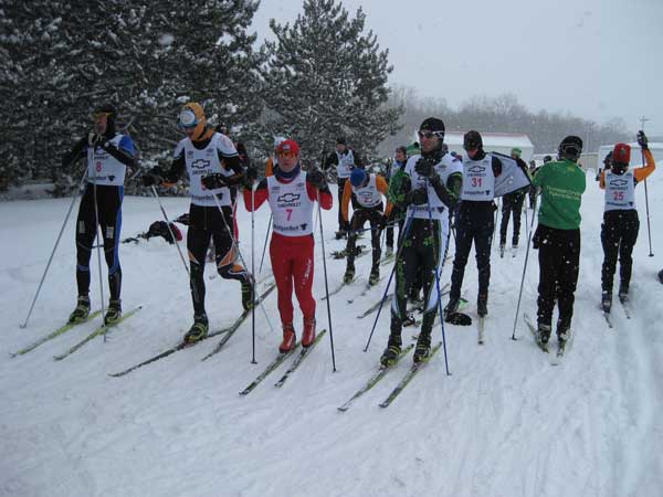 Cross Country Ski racers gathering for the start of the Boyne Grinder