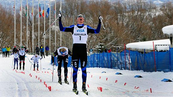 Reese Hanneman (Anchorage; APU Nordic) took his career first title Friday, winning the classic sprint over APU teammate Erik Bjornsen (Winthrop, WA) at the 2014 U.S. Cross Country Championships at Soldier Hollow. (Tom Kelly/U.S. Ski Team)