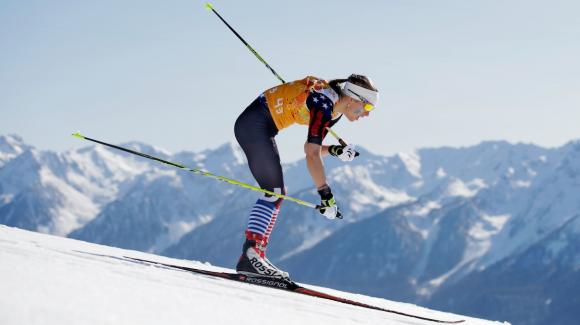Liz Stephen, seen here racing in last week’s 4x5k team relay, led Team USA Saturday when she skied to 24th in the 30k mass start freestyle race, the final women’s cross country event of the 2014 Sochi Olympic Winter Games. (Getty Images/Adam Pretty)