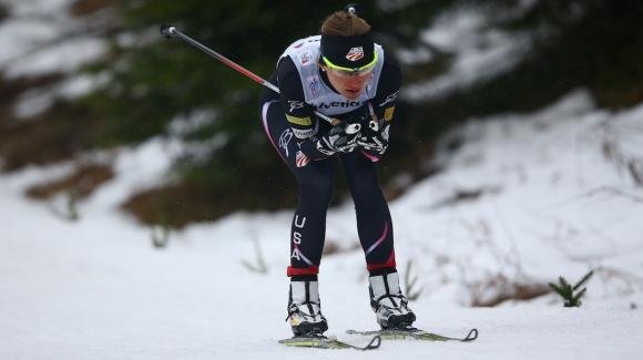 World Champion Jessie Diggins finished fifth and newcomer Sophie Caldwell (pictured) finished ninth at the women’s Tour de Ski 3k prologue Saturday in rainy Oberhof, Germany. (Getty Images/Bongarts/Christof Koepsel)