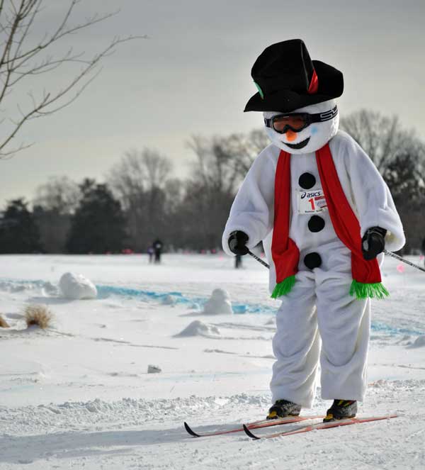Frosty the Snowman racing in the 2015 Frosty Freestyle cross country ski race