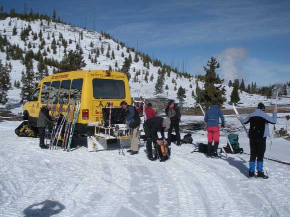 Cross country ski snow coach in Yellowstone National Park