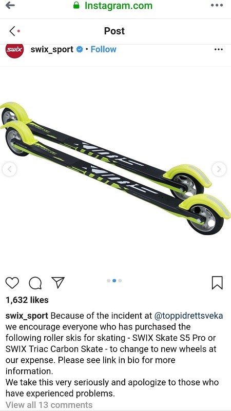Swix instagram post about roller ski wheel recall