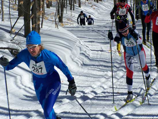 Tracy Hardin leads Emily Flynn at 2008 Boyne Highlands 10km Classic cross country ski race