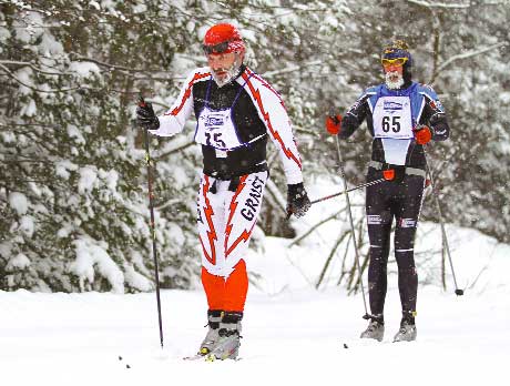 Michael Seaman and Bill Kaltz near the half way point of the 51 kilometer classic with frozen beards during the Noquemanon Ski Marathon 