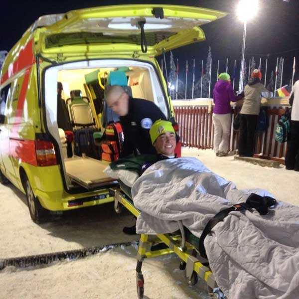 Noah Hamilton loading into a ambulance with a broken fiblula (Photo: Liz Stephens)