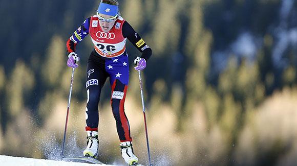 Sophie Caldwell skis to an 11th place finish in the Davos freestyle sprint World Cup. (Getty Images/AFP-Pierre Teyssot)