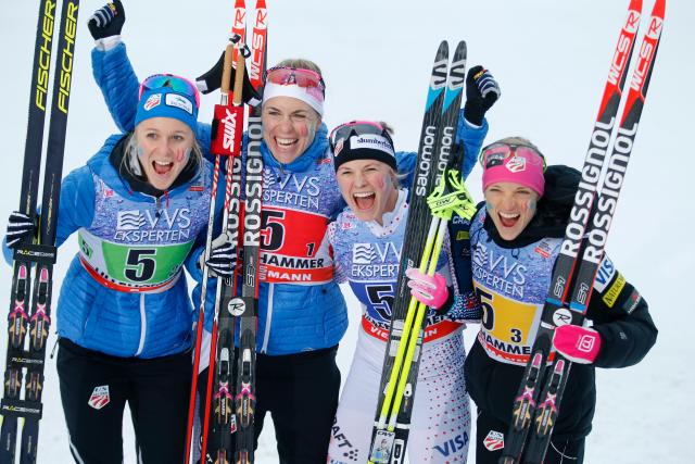 The American girls grin after taking third in the 4.5k relay in Lillehammer. (Getty Images/AFP-Cornelius Poppe)