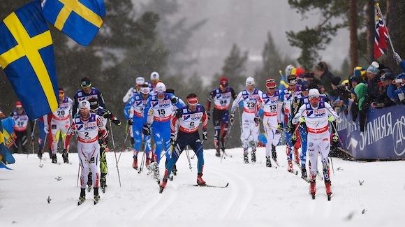 Noah Hoffman (bib 34) skiing with the lead pack at the Falun 50K. He finished 31st. (Getty Images-Mike Hewitt)