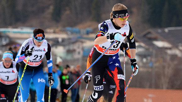 Liz Stephen put in a gutsy performance in warm temperatures finishing fifth in the 10k classic mass start in the first of two Val di Fiemme Tour de Ski legs. (Getty Images/AFP-Vincenzo Pinto)