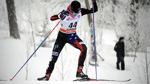 Liz Stephen skied to second place in the 10k freestyle race in Rybinsk, Russia. (Getty Images/AFP-Alexander Nemenov)