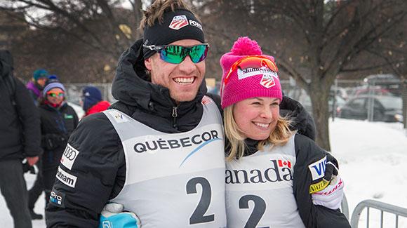 Simi Hamilton and Jessie Diggins celebrate their podiums in the first stage of Ski Tour Canada. (Reese Brown)