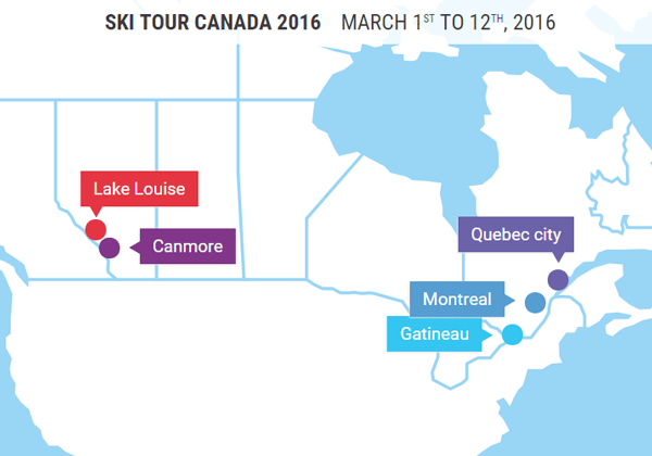 Ski Tour Canada will feature xc ski races in Gatineau, Montreal, Quebec City, Canmore and Lake Louise