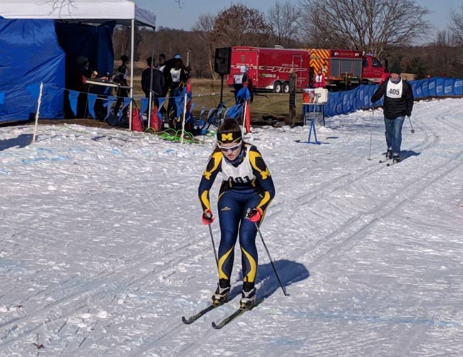 Isabel Carr coming into the finish in the 12km Krazy Klassic cross country ski race