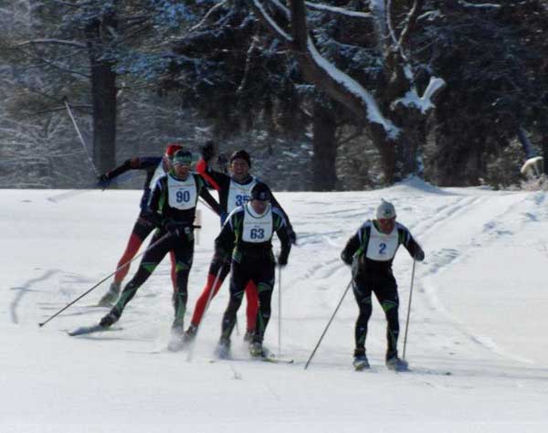 Lead pack in the 40K White Pine Stampede cross county ski race. Photo by Pami Sprague
