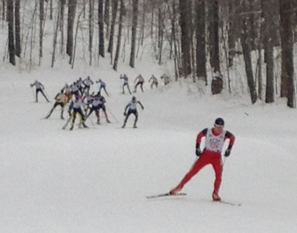 Ryan Halstead leading the start up the hill of the Boyne Mountain Grinder cross country ski race.