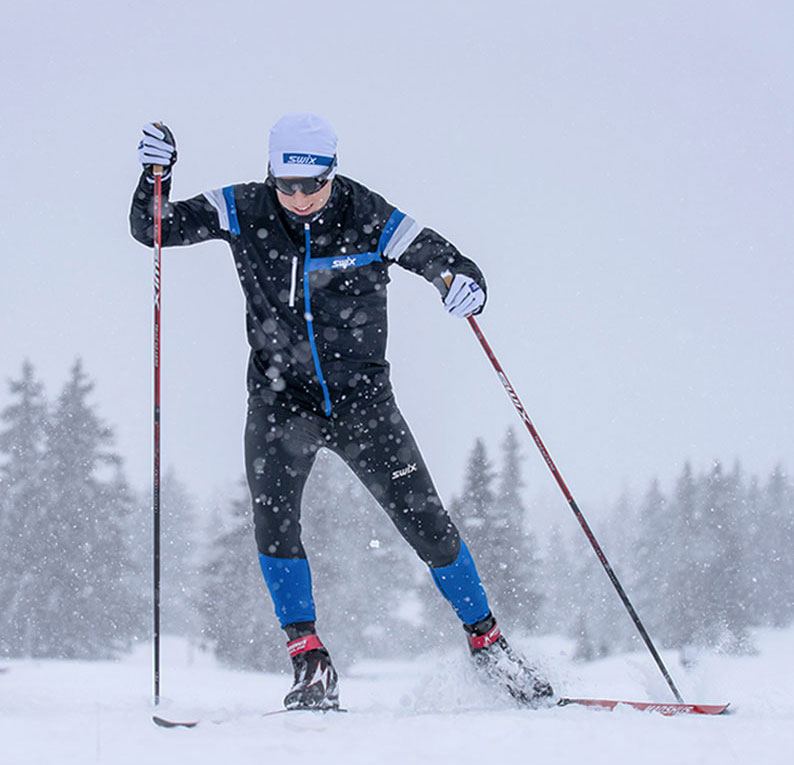 Skier skating with Swix Triac 4.0 Aero cross country ski poles