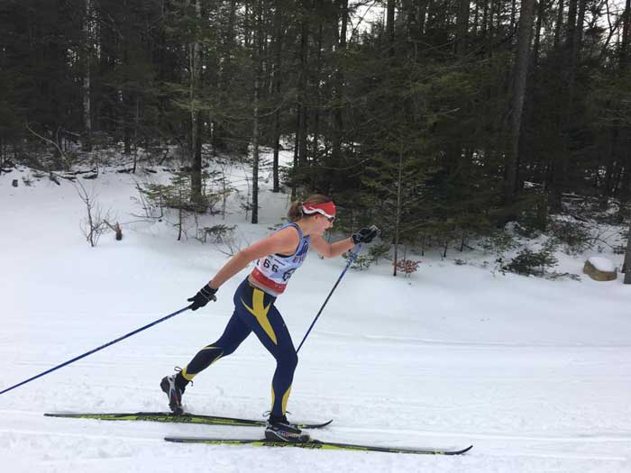Senior Ellen Wiitala skiing to 4th place in the Women's 15km Classic at the USCSA National Championships in Lake Placid, NY