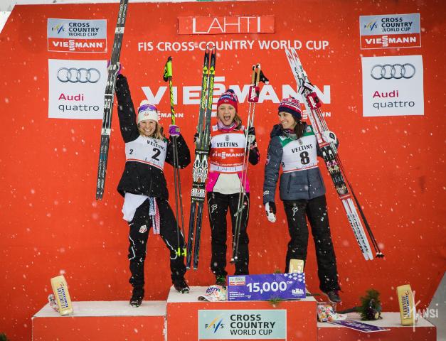 <p>Jessie Diggins stands on the podium. (Hansi Johnson)