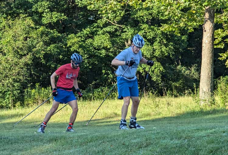 It's after Labor Day and the rollerskiers are coming out of hibernation! Doug Heady (front) and Sean Newmister out for a distance ski at Kensington Metropark in Milford.