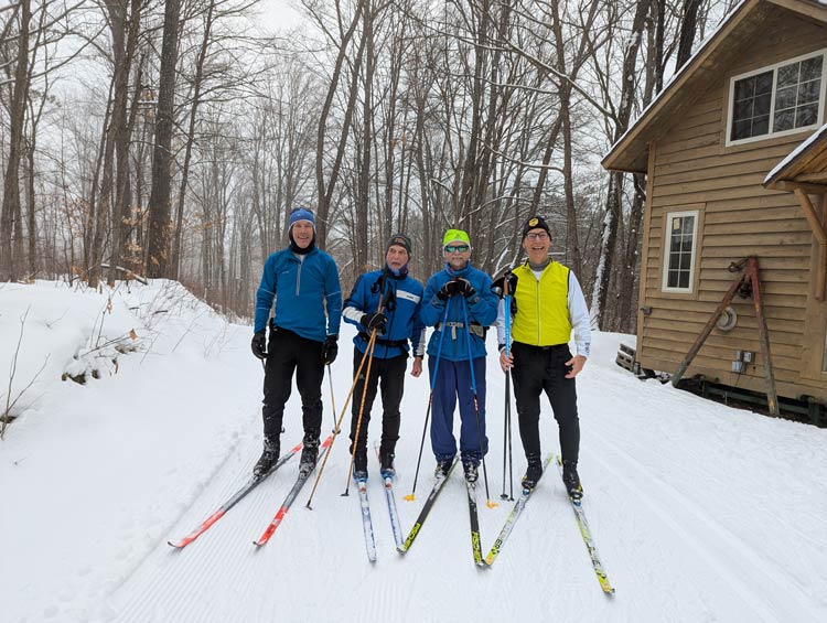 The four Team NordicSkiRacer amigos getting a long classic ski in at Forbush Corner before the weather warms up! Doug Corner, Tony Percha, Zbigny Zlobicki, Mike Muha