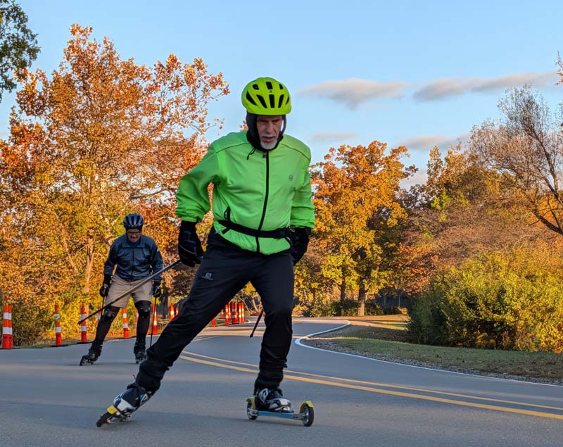Tony Percha (lead) and Cyril Grum getting in an early morning rollerski at Kensington Metropark on Island Drive. (Yes, besides a nice bike path, Kensington has a couple quieter roads...)