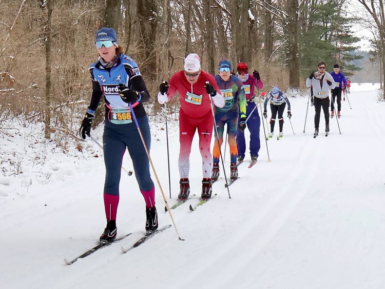 Team NordicSkiRacer Sarah Newmister leads a train in Sunday's Krazy Klassic. Sarah took first in the 40-49 age class!</b>.