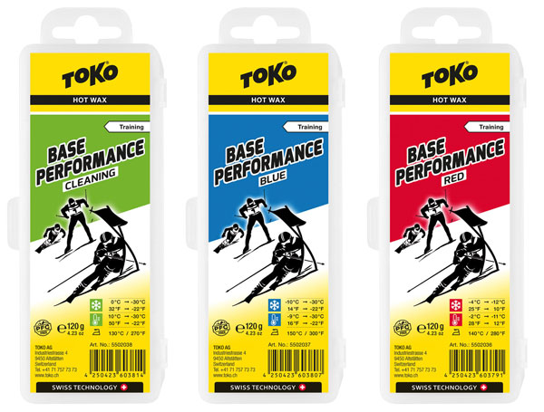 Toko Base Performance ski wax green blue and red