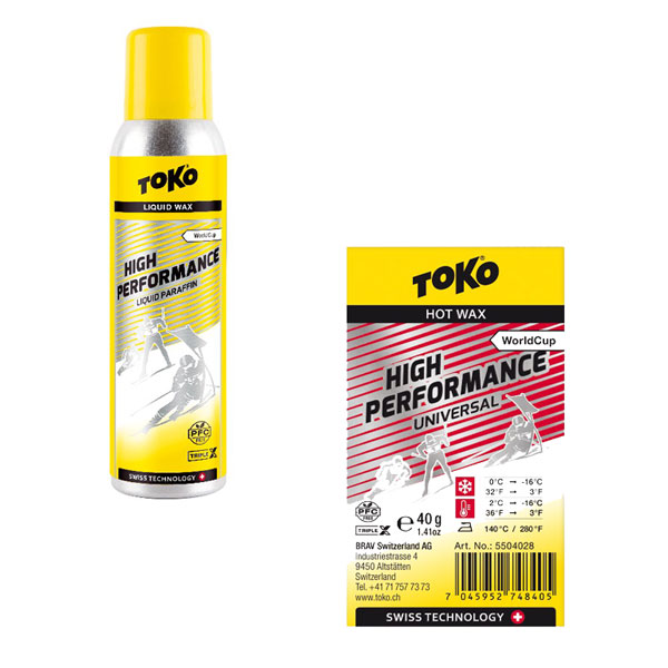 Use Toko Yellow High Performance Liquid Parafin over Toko Red High Performance Hot Wax unless the snow is wet
