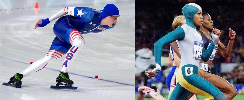Speed skaters and runners race with aero suits, including aero hoods