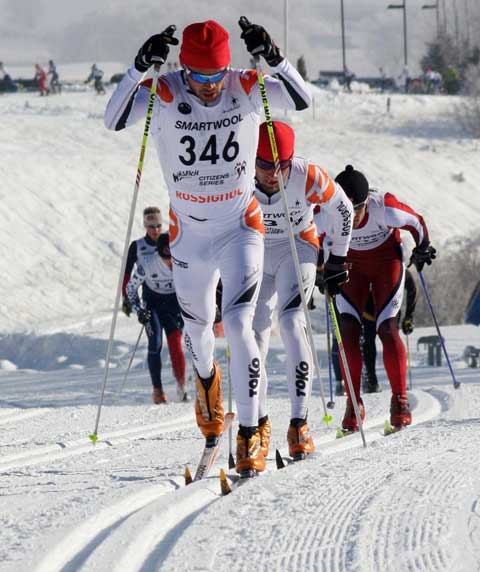 Andrew Johnson kick double poling at the Noquemanom Ski Marathon