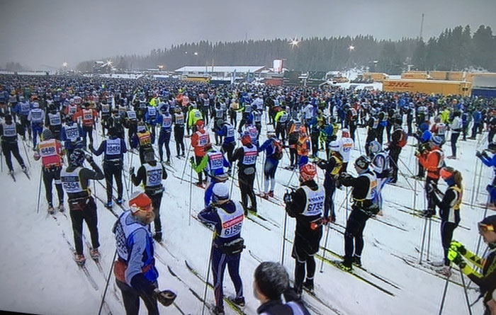 Skiers lining up for the start of the 2020 Vasaloppet