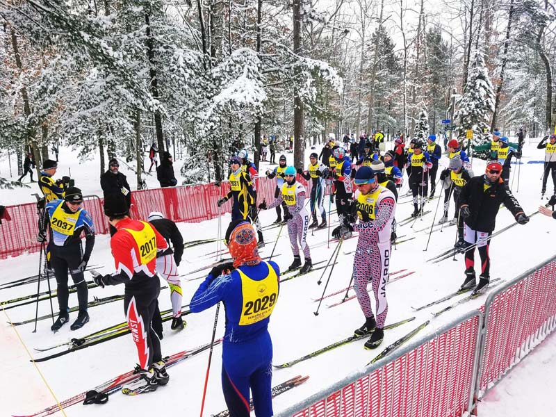 Skiers lined up for the start of the North American Vasa cross country ski race