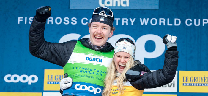 Ben Ogden and Jessie Diggins and the 2022-23 World Cup Finals in Lahti, FIN celebrating Ogden winning the U23 Rookie of the Year and Diggins clinching second in the FIS World Cup Overall. (Nordic Focus)