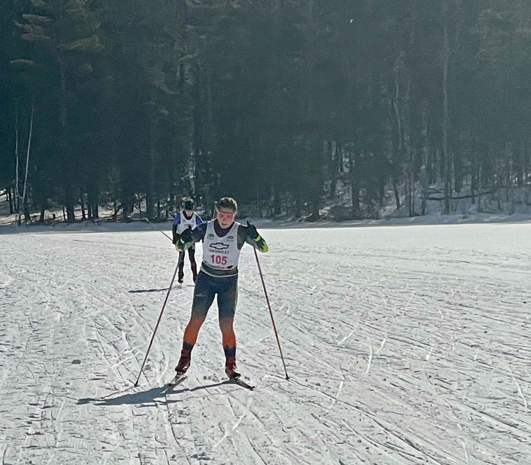 Mandy Paull finishing first in the 2023 Black Mountain Freestyle cross country ski race