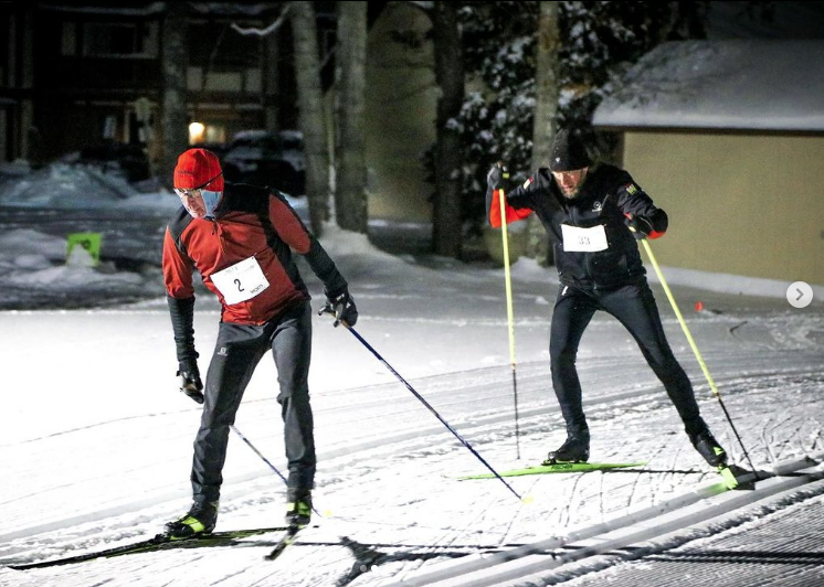 Two skiers racing the 2023 White Pine Stampede cross country ski race