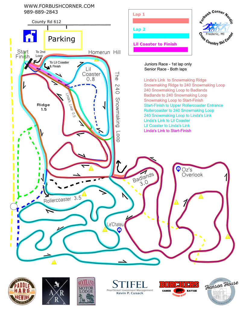 Revised race course map for 2025 Forbush Corner Memorial Classic XC ski race