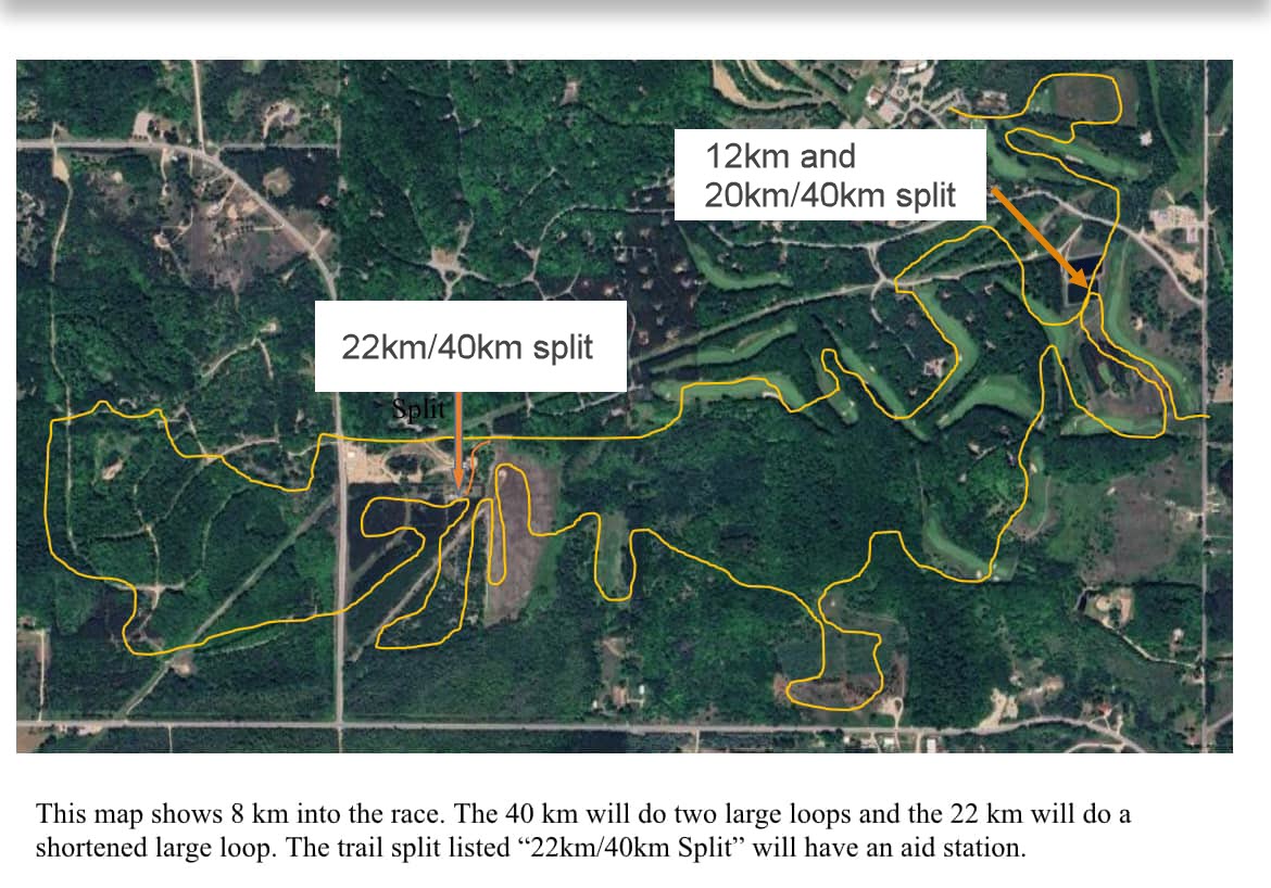 Trail map of the 8km mark to the 40k finish of the 2025 White Pine Stampede cross country ski race