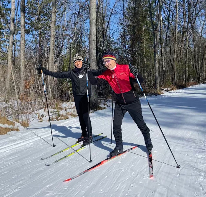 Skate skiing on the trail